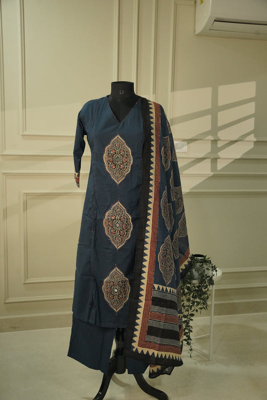 Indigo Blue Pure Cotton Salwar Suit with Mull Cotton Printed Dupatta | 3-Piece Set