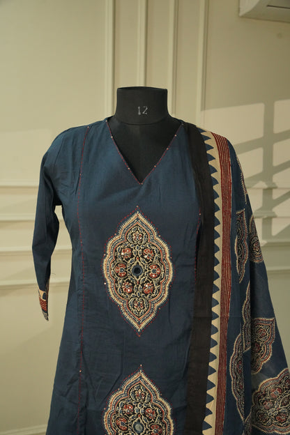 Indigo Blue Pure Cotton Salwar Suit with Mull Cotton Printed Dupatta | 3-Piece Set