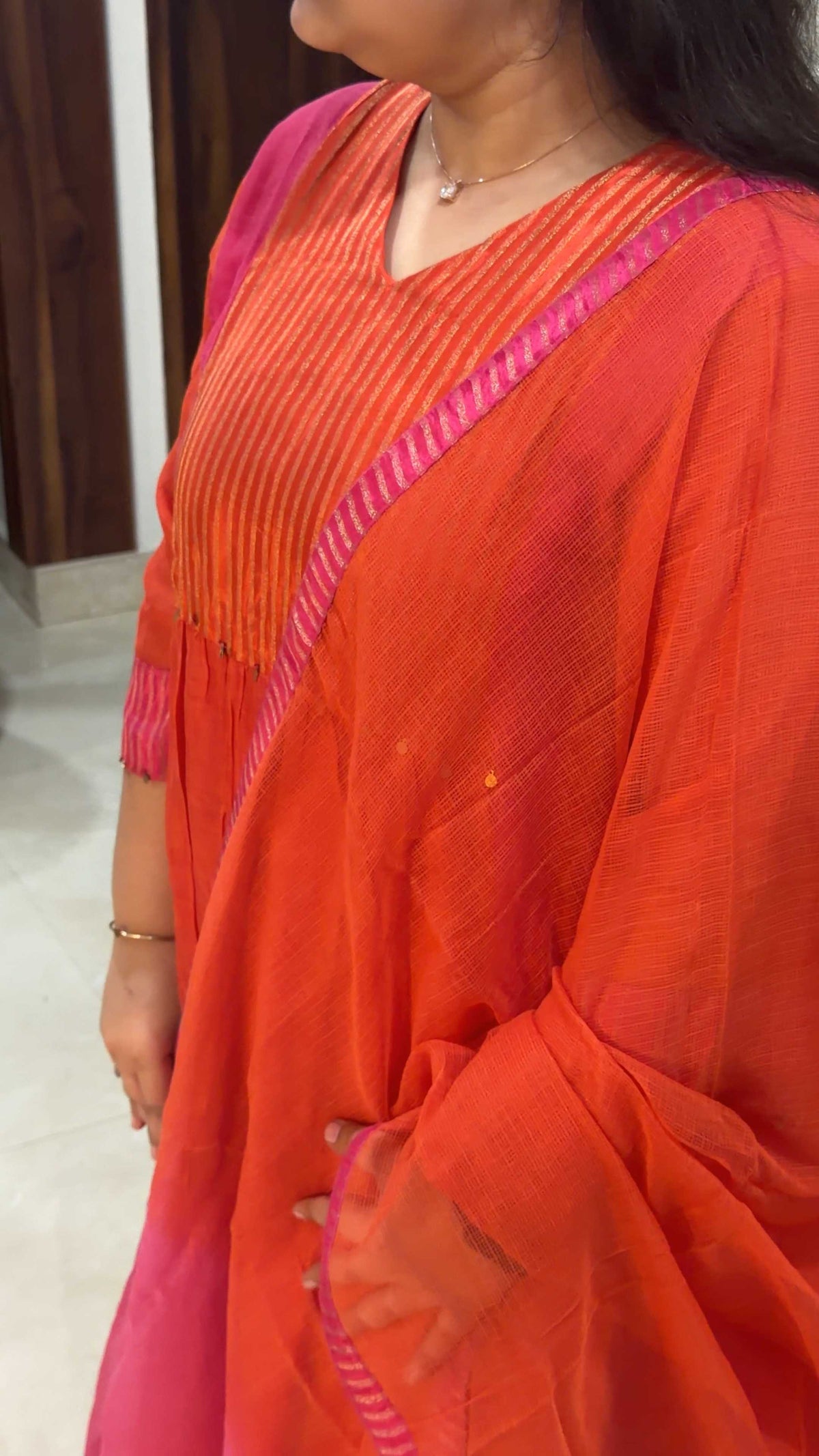 Sindraa - Bright Orange & Pink Crushed Mul Chanderi Salwar Suit with Silk-Woven Yoke