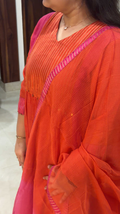 Sindraa - Bright Orange & Pink Crushed Mul Chanderi Salwar Suit with Silk-Woven Yoke