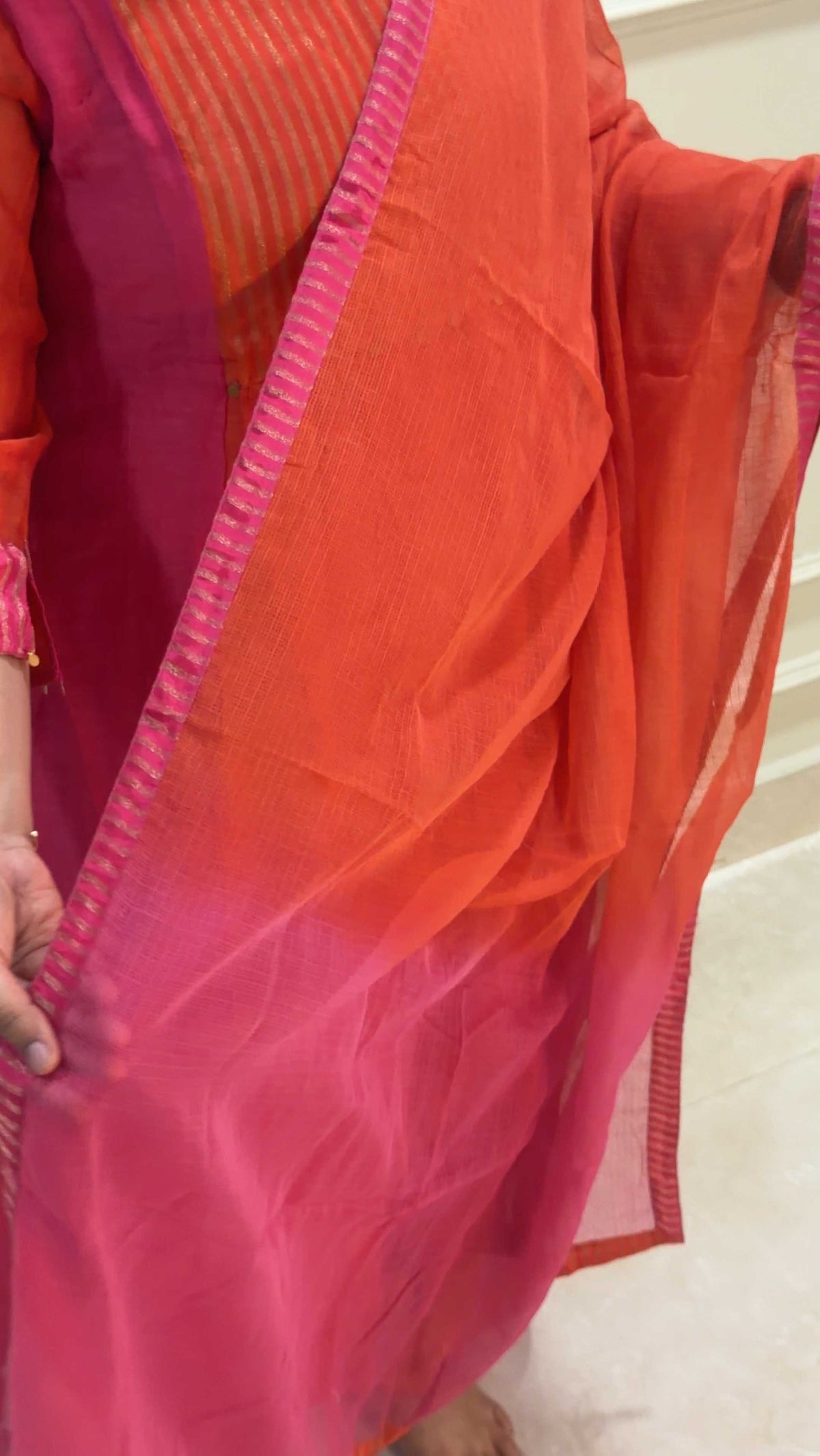 Sindraa - Bright Orange & Pink Crushed Mul Chanderi Salwar Suit with Silk-Woven Yoke