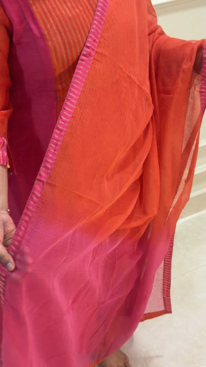 Sindraa - Bright Orange & Pink Crushed Mul Chanderi Salwar Suit with Silk-Woven Yoke