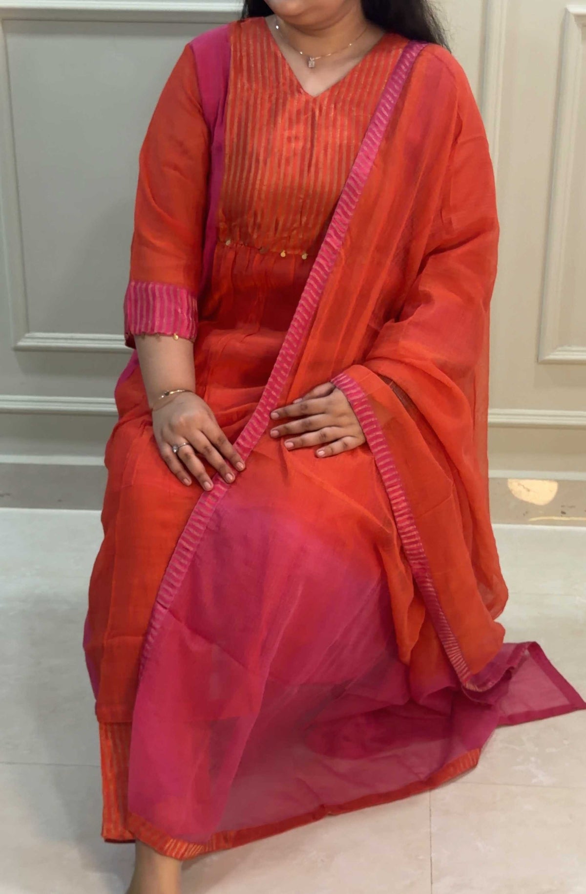 Sindraa - Bright Orange & Pink Crushed Mul Chanderi Salwar Suit with Silk-Woven Yoke
