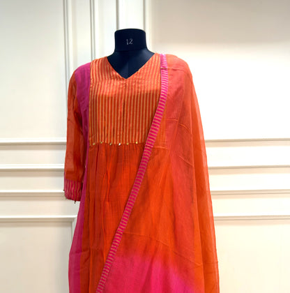 Sindraa - Bright Orange & Pink Crushed Mul Chanderi Salwar Suit with Silk-Woven Yoke