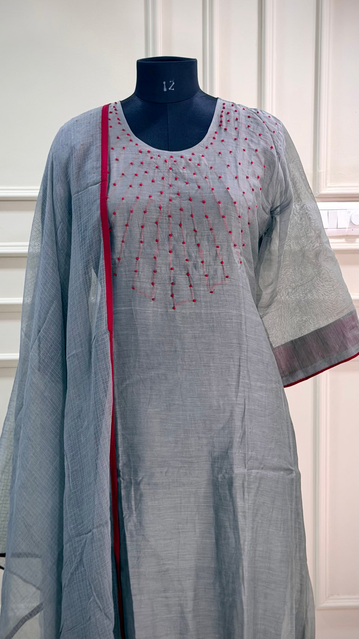 Chaara -Grey Mul Chanderi Salwar Suit | Maroon Knot Embellished Neckline with Kota Dupatta