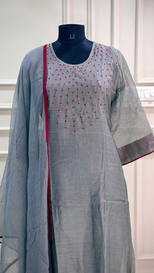 Chaara -Grey Mul Chanderi Salwar Suit | Maroon Knot Embellished Neckline with Kota Dupatta