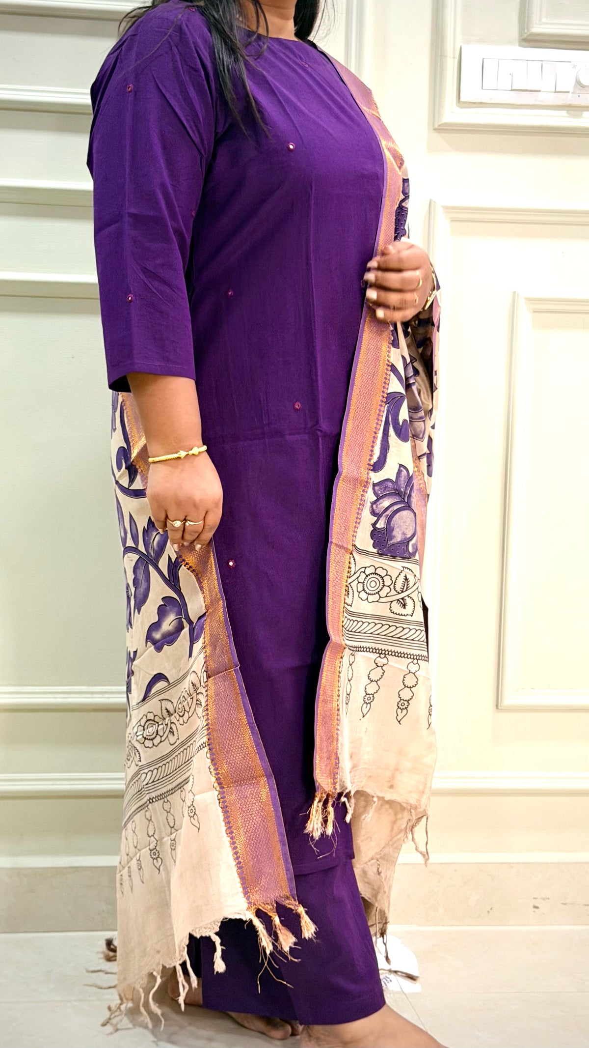 Nilalohita -Rich Purple with Mirror Work, Kalamkari Nizam border Dupatta