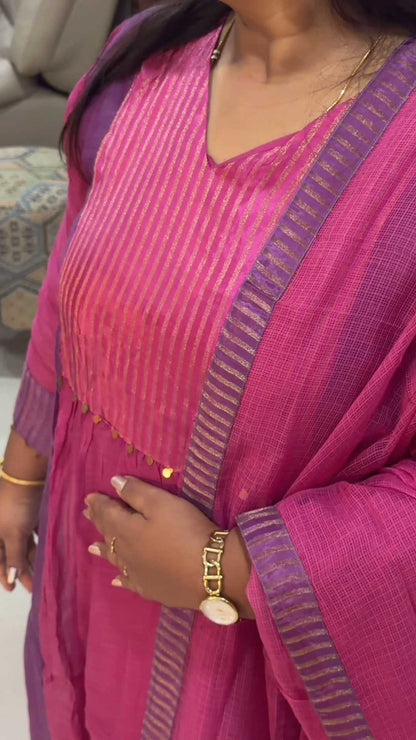 NEELA TAMARAI- Pink and Purple Mul Chanderi with Silk Woven Yoke With Ombre Kota Dupatta