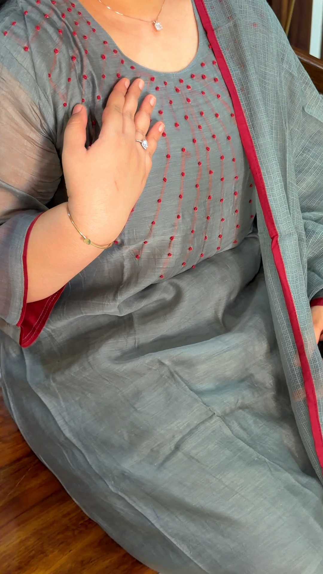 Chaara -Grey Mul Chanderi Salwar Suit | Maroon Knot Embellished Neckline with Kota Dupatta