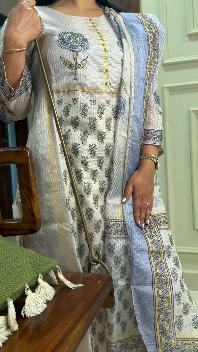 Ivory Kota Cotton Suit Set with Mirror Work & Floral Print