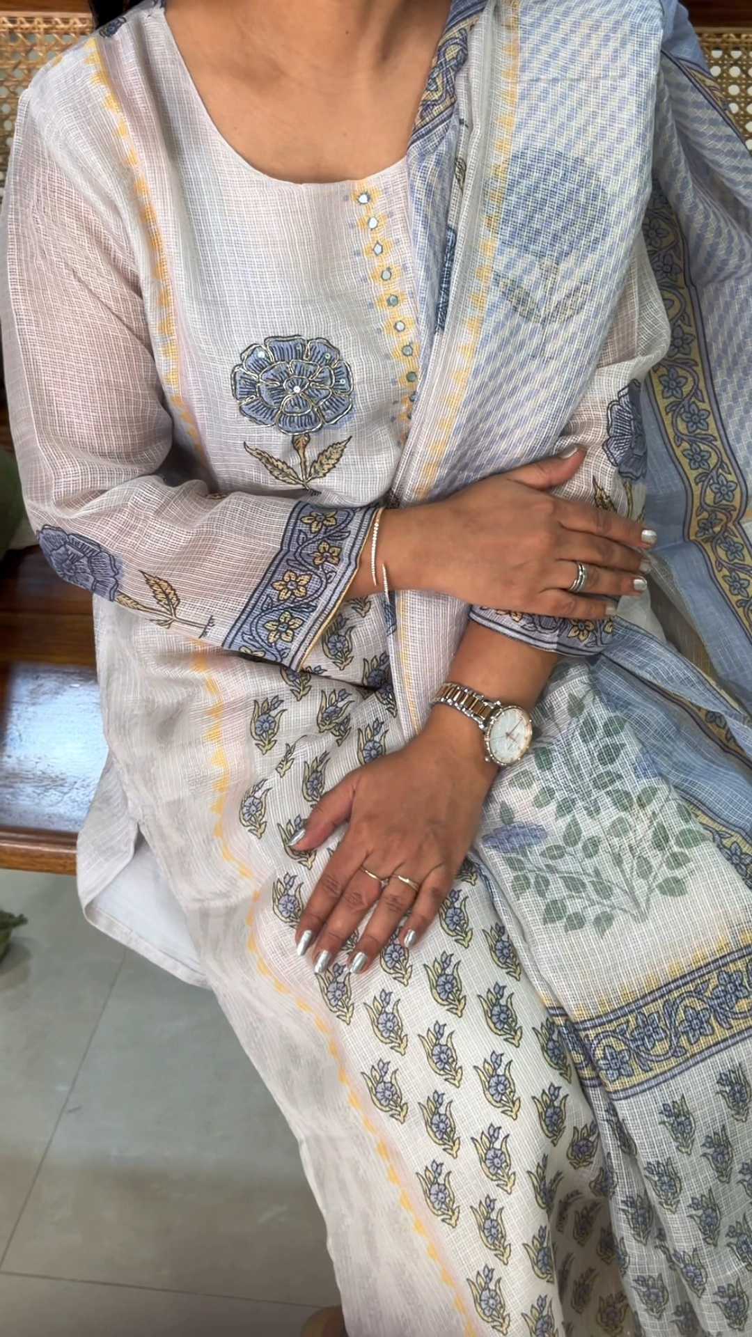 Ivory Kota Cotton Suit Set with Mirror Work & Floral Print