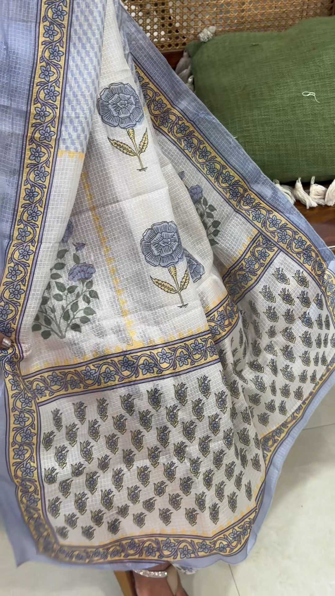 Ivory Kota Cotton Suit Set with Mirror Work & Floral Print