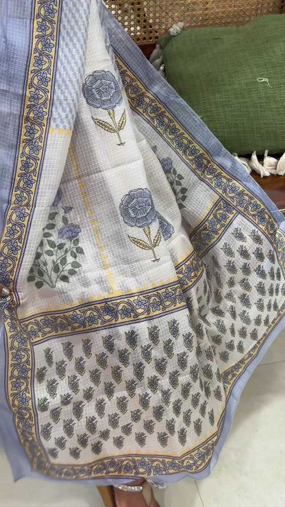 Ivory Kota Cotton Suit Set with Mirror Work & Floral Print