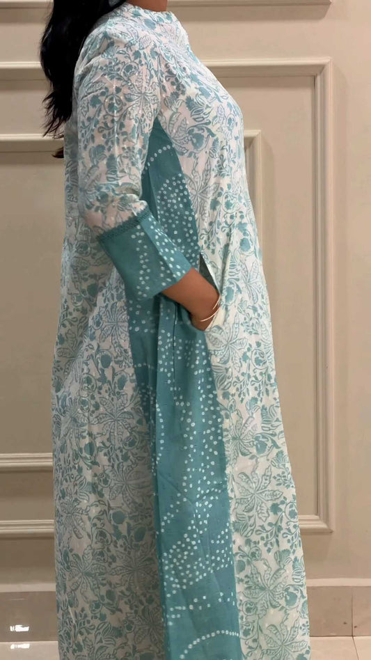 Sea Blue Bandhani Border Dobby Cotton Kurta