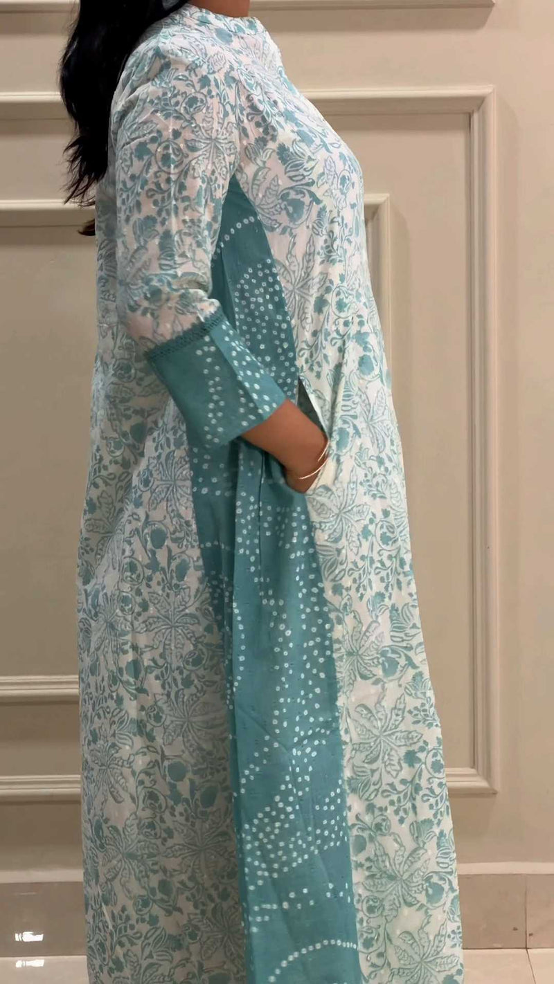 Sea Blue Bandhani Border Dobby Cotton Kurta
