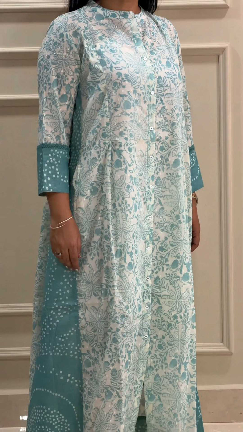 Sea Blue Bandhani Border Dobby Cotton Kurta
