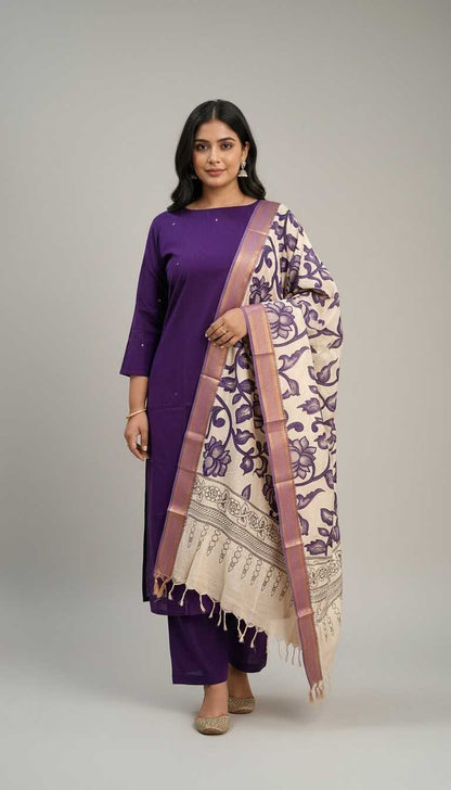 Nilalohita -Rich Purple with Mirror Work, Kalamkari Nizam border Dupatta