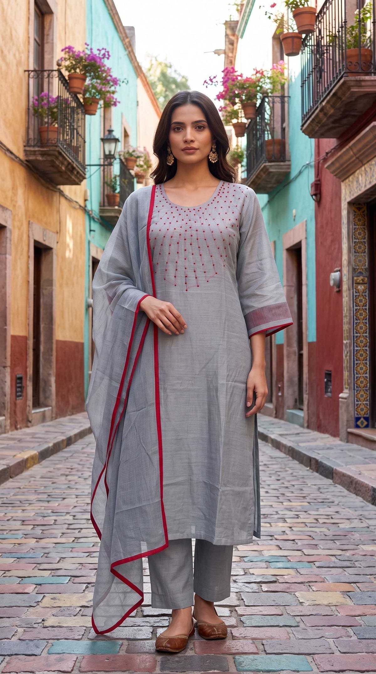 Chaara -Grey Mul Chanderi Salwar Suit | Maroon Knot Embellished Neckline with Kota Dupatta