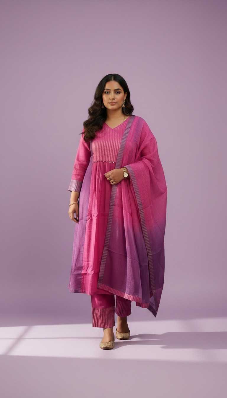 NEELA TAMARAI- Pink and Purple Mul Chanderi with Silk Woven Yoke With Ombre Kota Dupatta