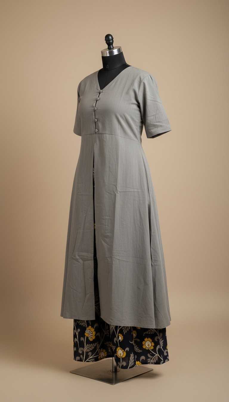 Sage Grey Front-Slit Angrakha Kurta with Kalamkari Floral Palazzo Set