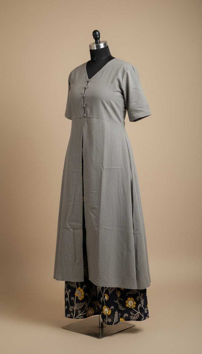 Sage Grey Front-Slit Angrakha Kurta with Kalamkari Floral Palazzo Set