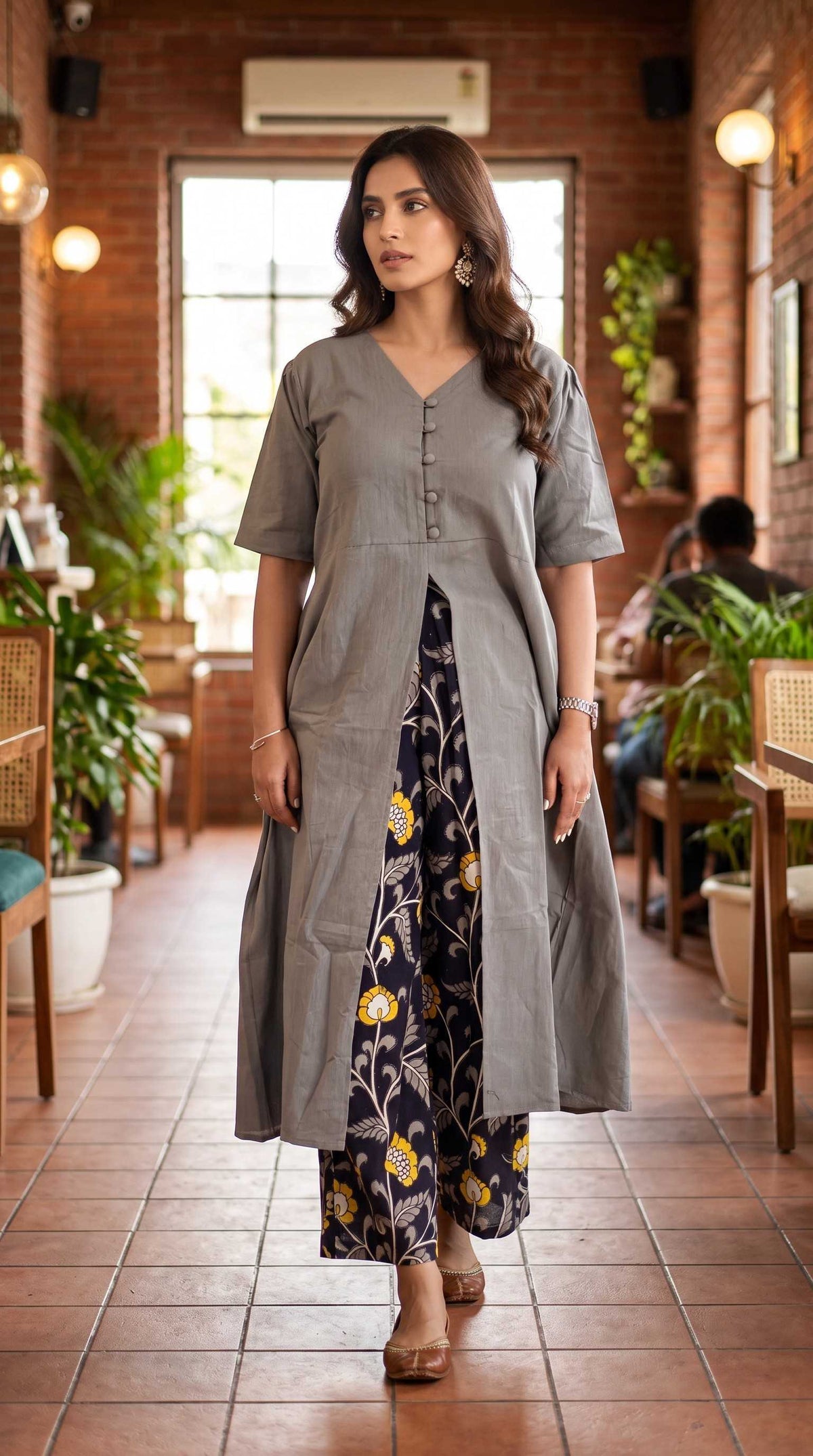 Sage Grey Front-Slit Angrakha Kurta with Kalamkari Floral Palazzo Set