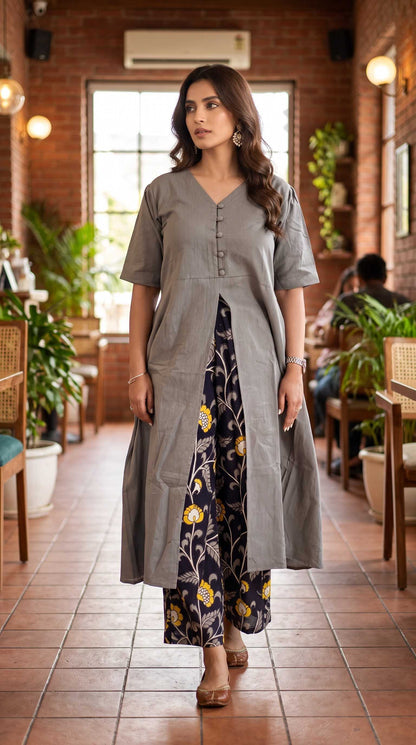 Sage Grey Front-Slit Angrakha Kurta with Kalamkari Floral Palazzo Set