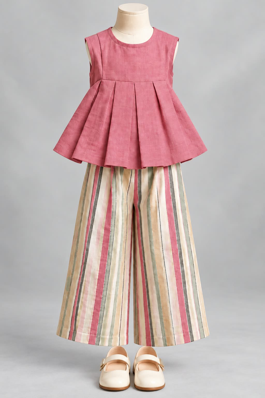 Pink Pleated Peplum Top & Multi-Stripe Pants Set for Girls | Pure Cotton Kids Co-ord Set