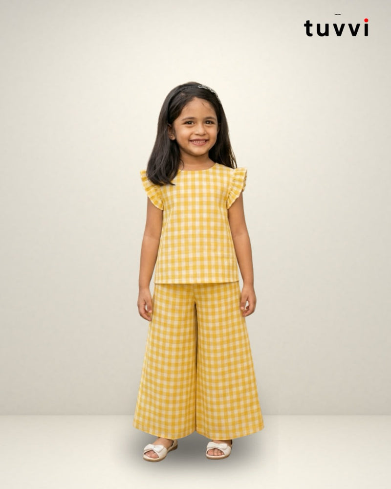 Yellow Gingham Cotton Co-ord Set for Girls (2–8 Years)