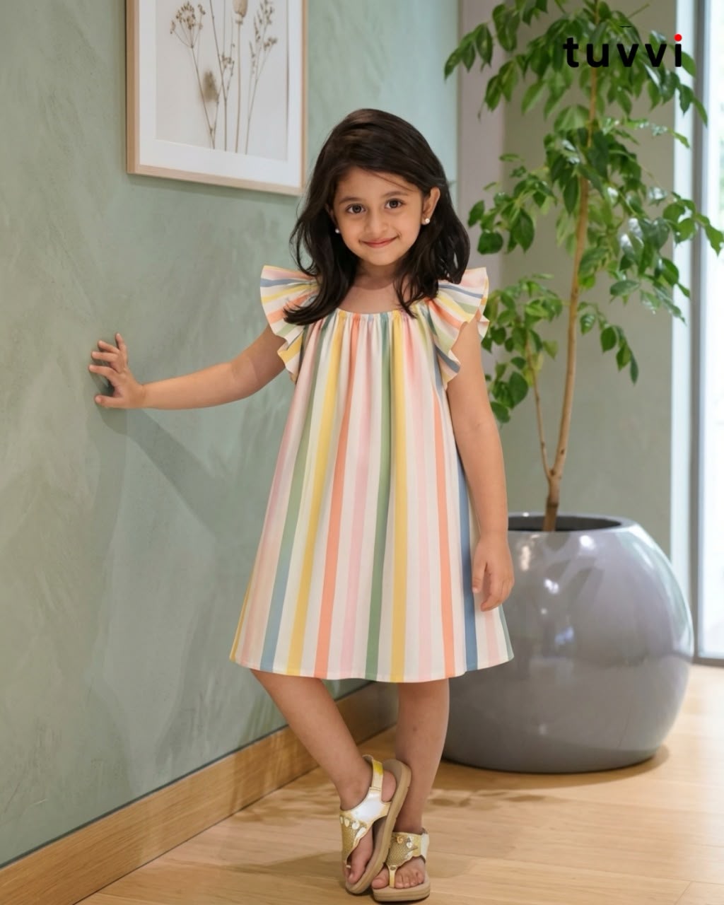 Pastel Rainbow Striped Cotton Dress for Girls (2–8 Years) | Tuvvi