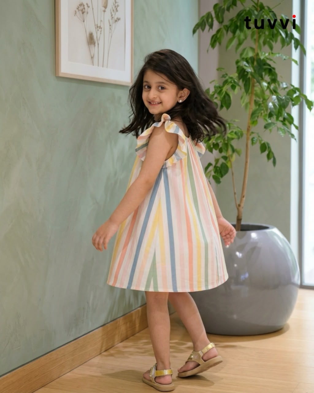 Pastel Rainbow Striped Cotton Dress for Girls (2–8 Years) | Tuvvi