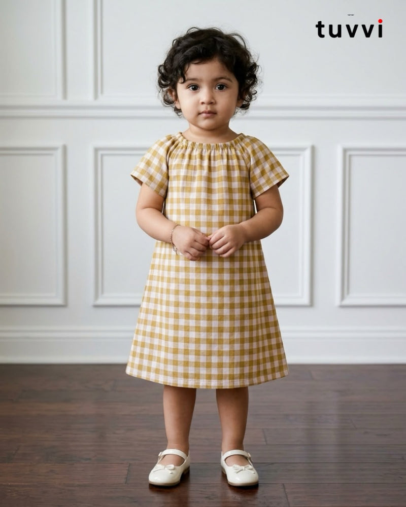 Purple-Brown Gingham Cotton Dress for Girls (2–8 Years) | TuvvI