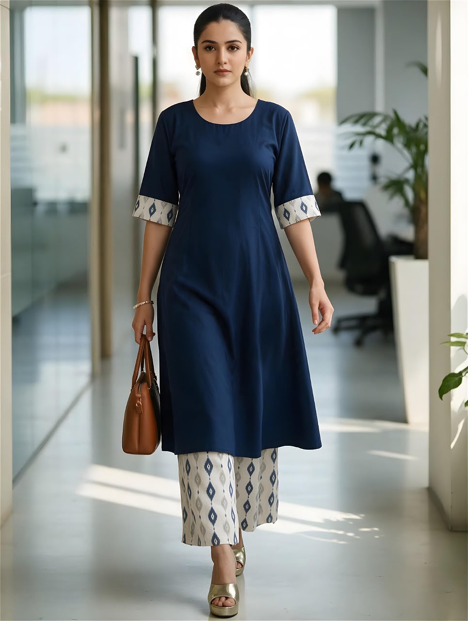 Navy Blue A-Line Kurta with Ikat Palazzo Pants Set for Women | Tuvvi