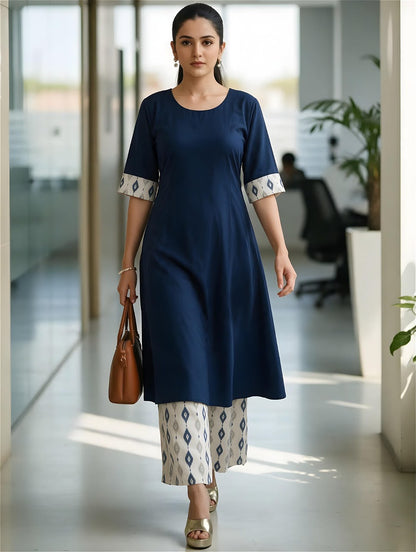 Navy Blue A-Line Kurta with Ikat Palazzo Pants Set for Women | Tuvvi