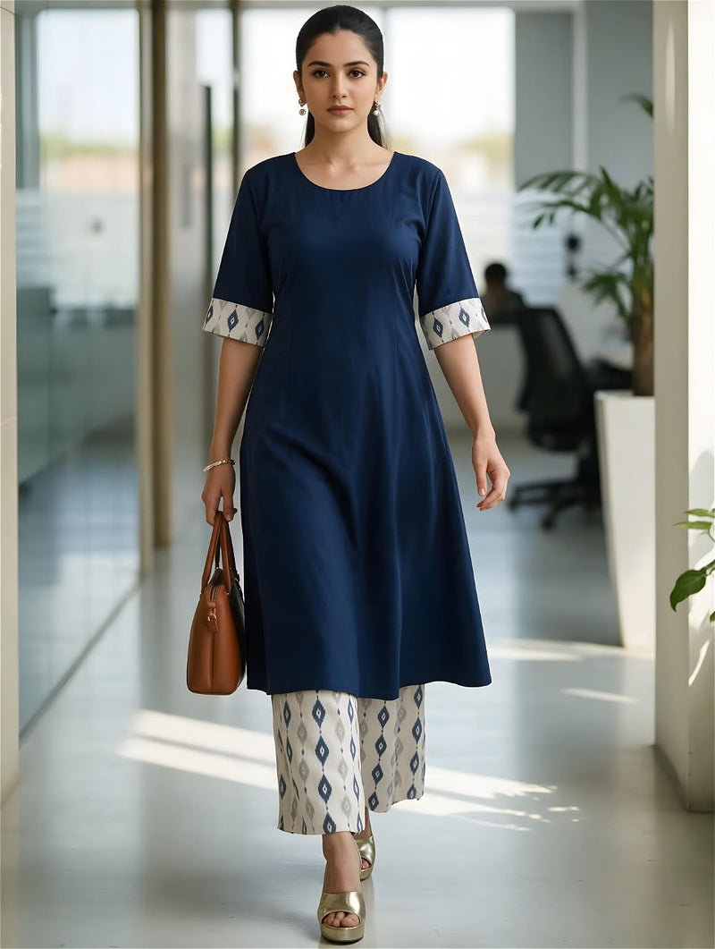 Navy Blue A-Line Kurta with Ikat Palazzo Pants Set for Women | Tuvvi