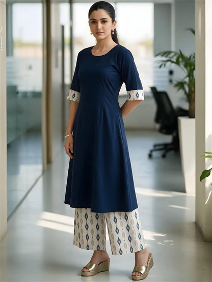 Navy Blue A-Line Kurta with Ikat Palazzo Pants Set for Women | Tuvvi