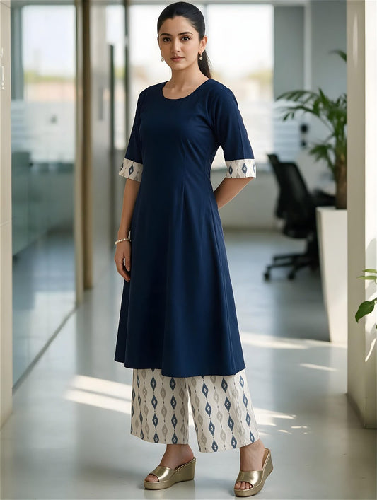 Navy Blue A-Line Kurta with Ikat Palazzo Pants Set for Women | Tuvvi