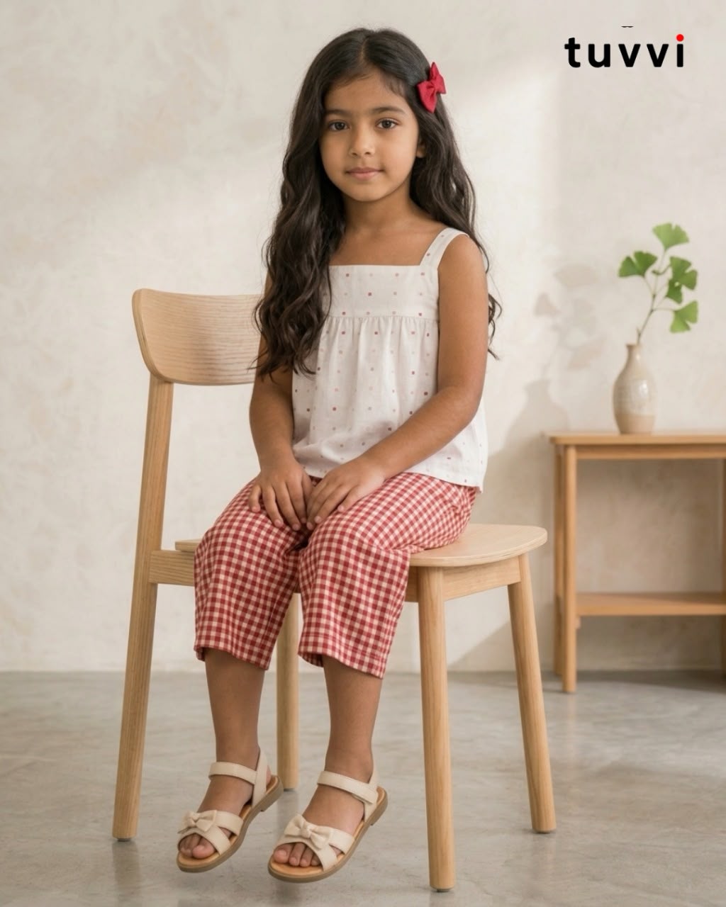 White Top & Red Ikat Checked Culottes Co-ord Set for Girls | Tuvvi