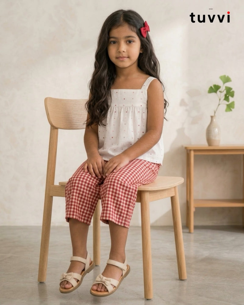 White Top & Red Ikat Checked Culottes Co-ord Set for Girls | Tuvvi