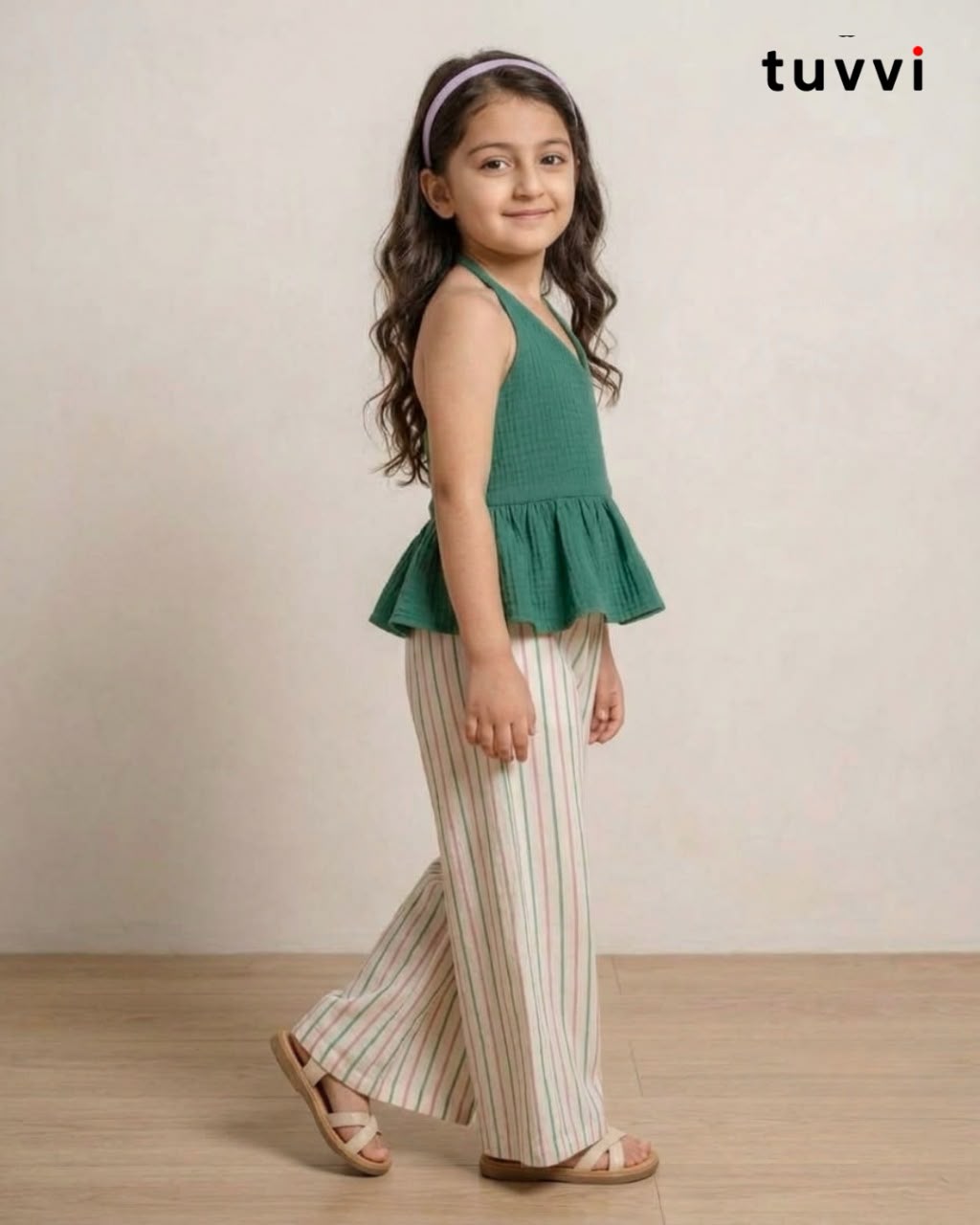 Green Halter Peplum Top & Striped Wide-Leg Pants Co-ord Set for Girls | Tuvvi