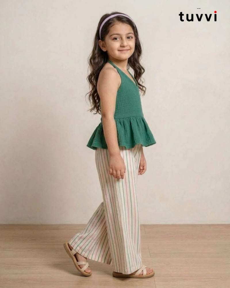 Green Halter Peplum Top & Striped Wide-Leg Pants Co-ord Set for Girls | Tuvvi