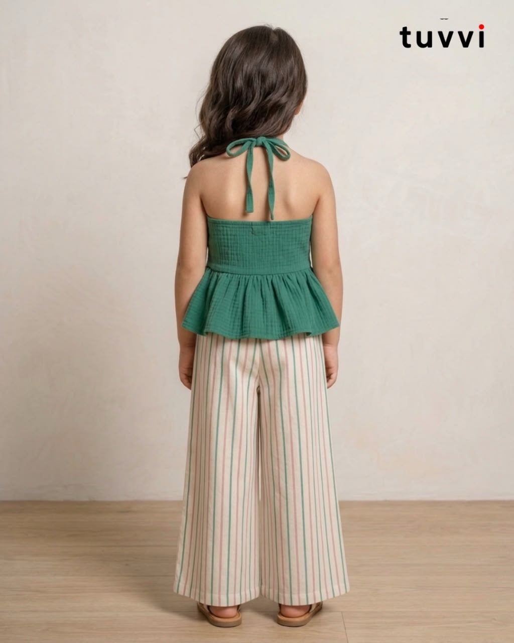 Green Halter Peplum Top & Striped Wide-Leg Pants Co-ord Set for Girls | Tuvvi