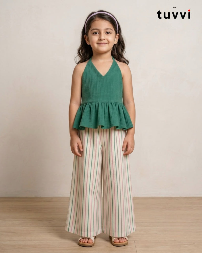 Green Halter Peplum Top & Striped Wide-Leg Pants Co-ord Set for Girls | Tuvvi