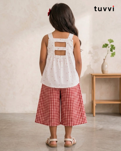 White Top & Red Ikat Checked Culottes Co-ord Set for Girls | Tuvvi
