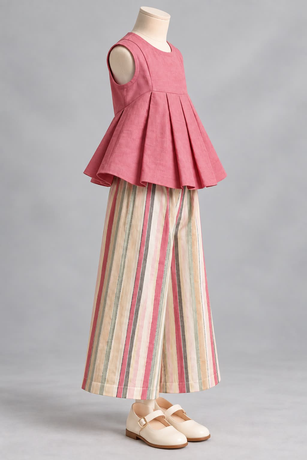 Pink Pleated Peplum Top & Multi-Stripe Pants Set for Girls | Pure Cotton Kids Co-ord Set